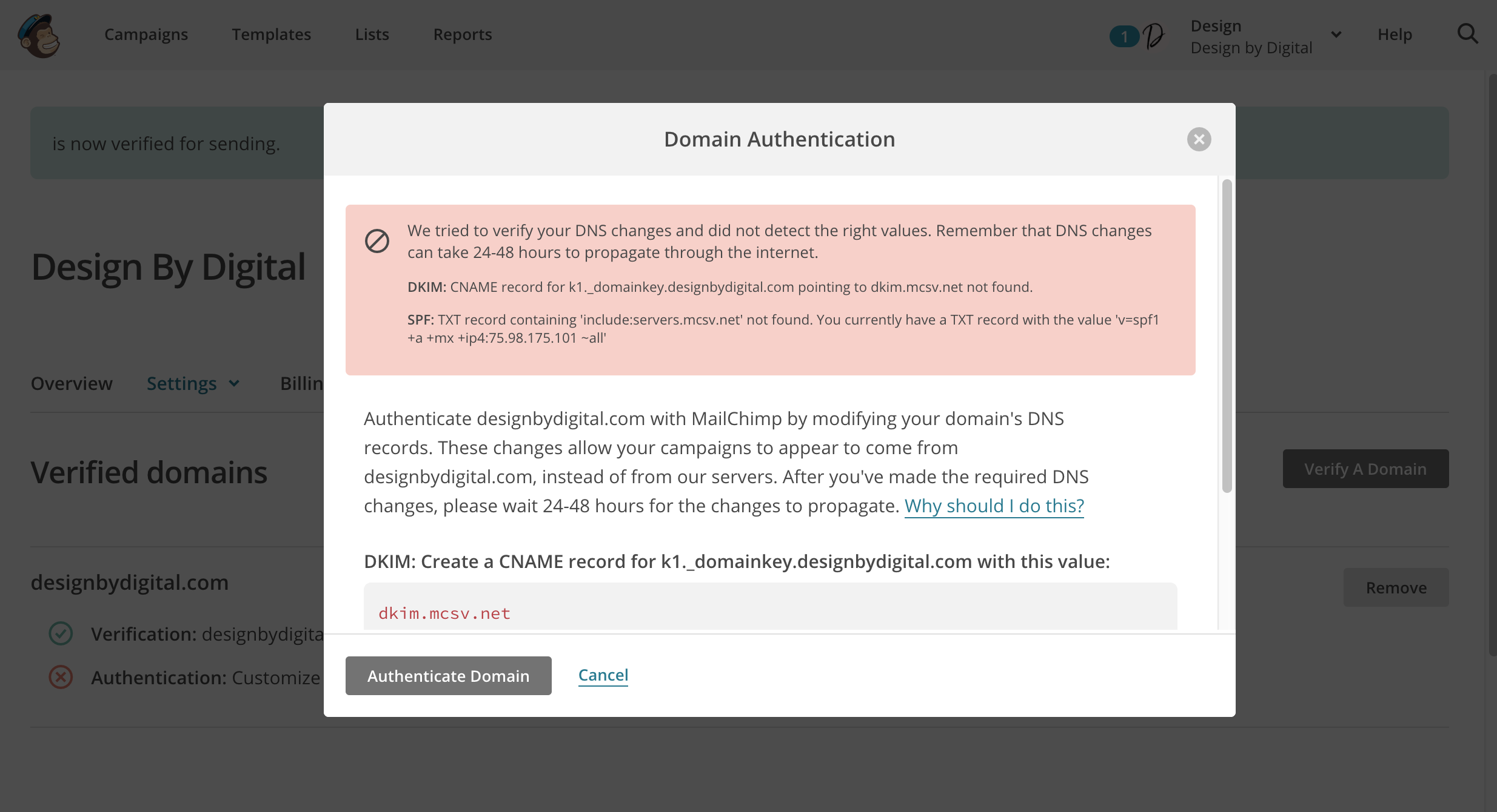 Authenticate Domain Error Message Mailchimp