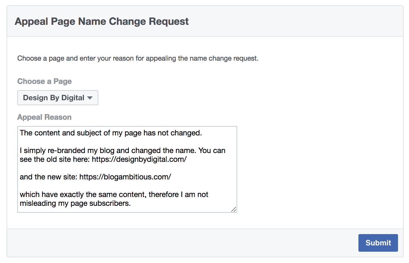 Facebook Name Change Appeal Request