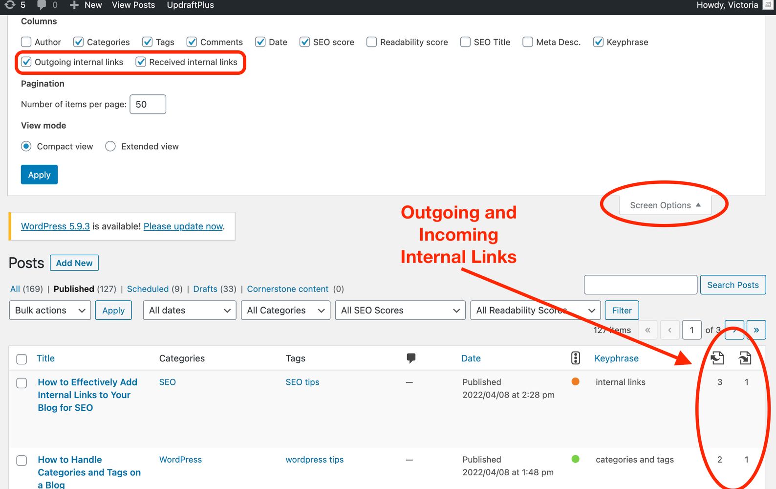 Yoast Plugin Show Internal Links