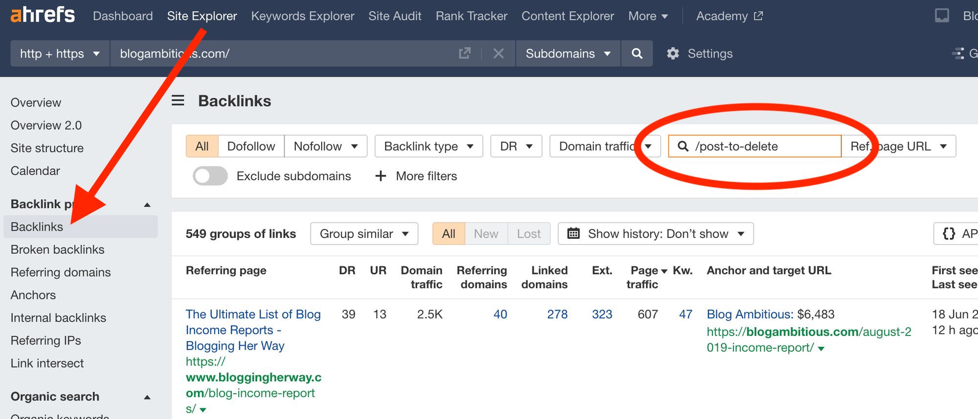 Ahrefs check backlinks of old blog posts to delete